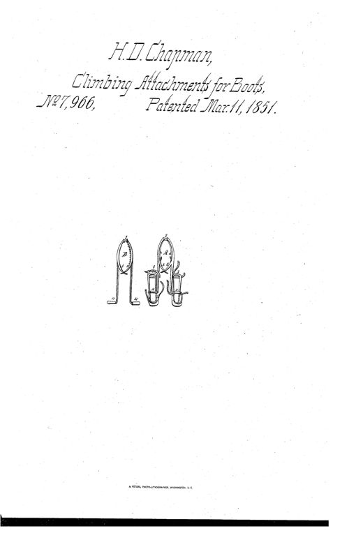 Line drawing of two oval grappling devices, one fitted with wooden hand grips (B) and one with foot sandals attached by straps (A), each hinged at the top with curved prongs for gripping a pole.