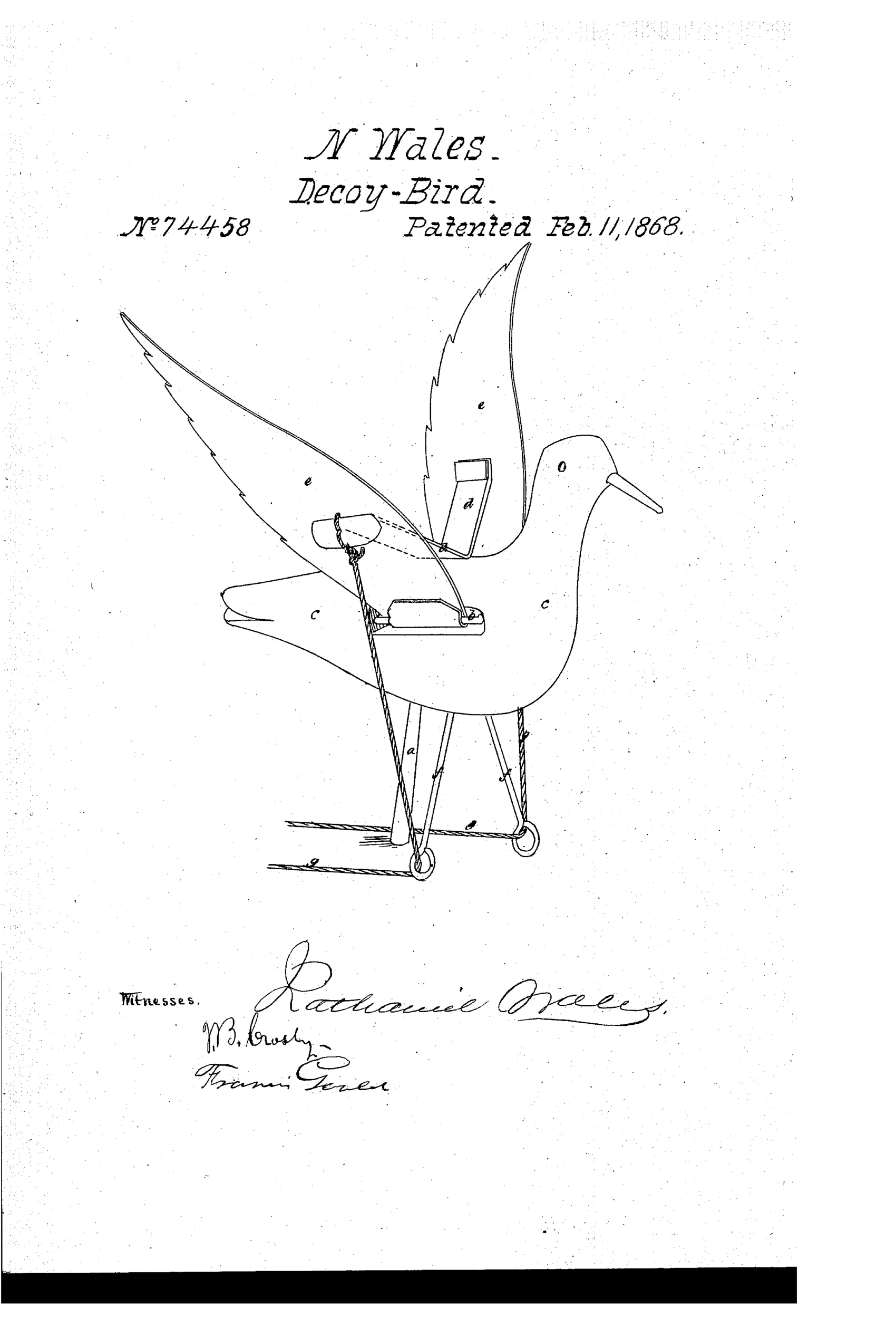 Line drawing of a wooden decoy bird standing on a peg, with hinged wings connected by strings and a rubber spring to a control mechanism near its body, allowing a gunner to move the wings by pulling a cord.