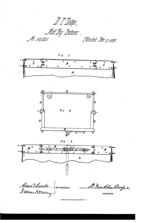 Patent drawing showing a rectangular jointed metal frame fastener for a mail bag, with hinged rings at the corners, a pivoted lever, hasp, and bolt mechanism shown in back, top, and front views.