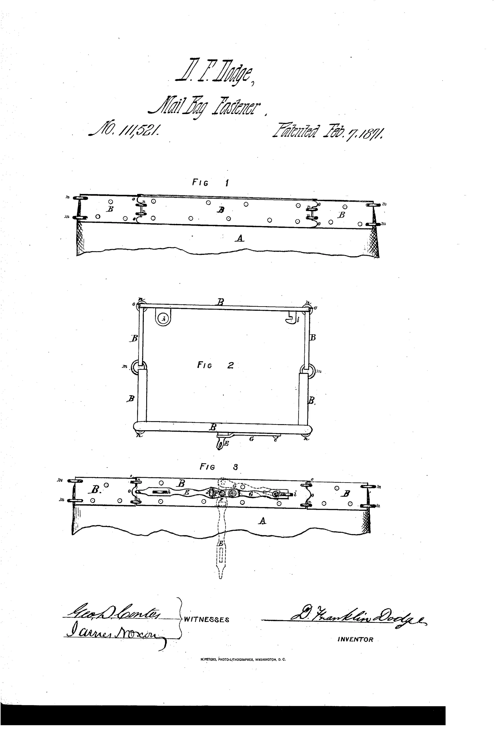 Patent drawing showing a rectangular jointed metal frame fastener for a mail bag, with hinged rings at the corners, a pivoted lever, hasp, and bolt mechanism shown in back, top, and front views.