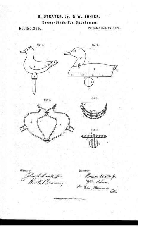 Patent drawing showing a duck-shaped decoy formed of two hinged metal halves on a ground stake, alongside a floating water-fowl decoy with a separable head and internal float-and-weight mechanism, plus detail views of the opened, nested, and sectioned parts.