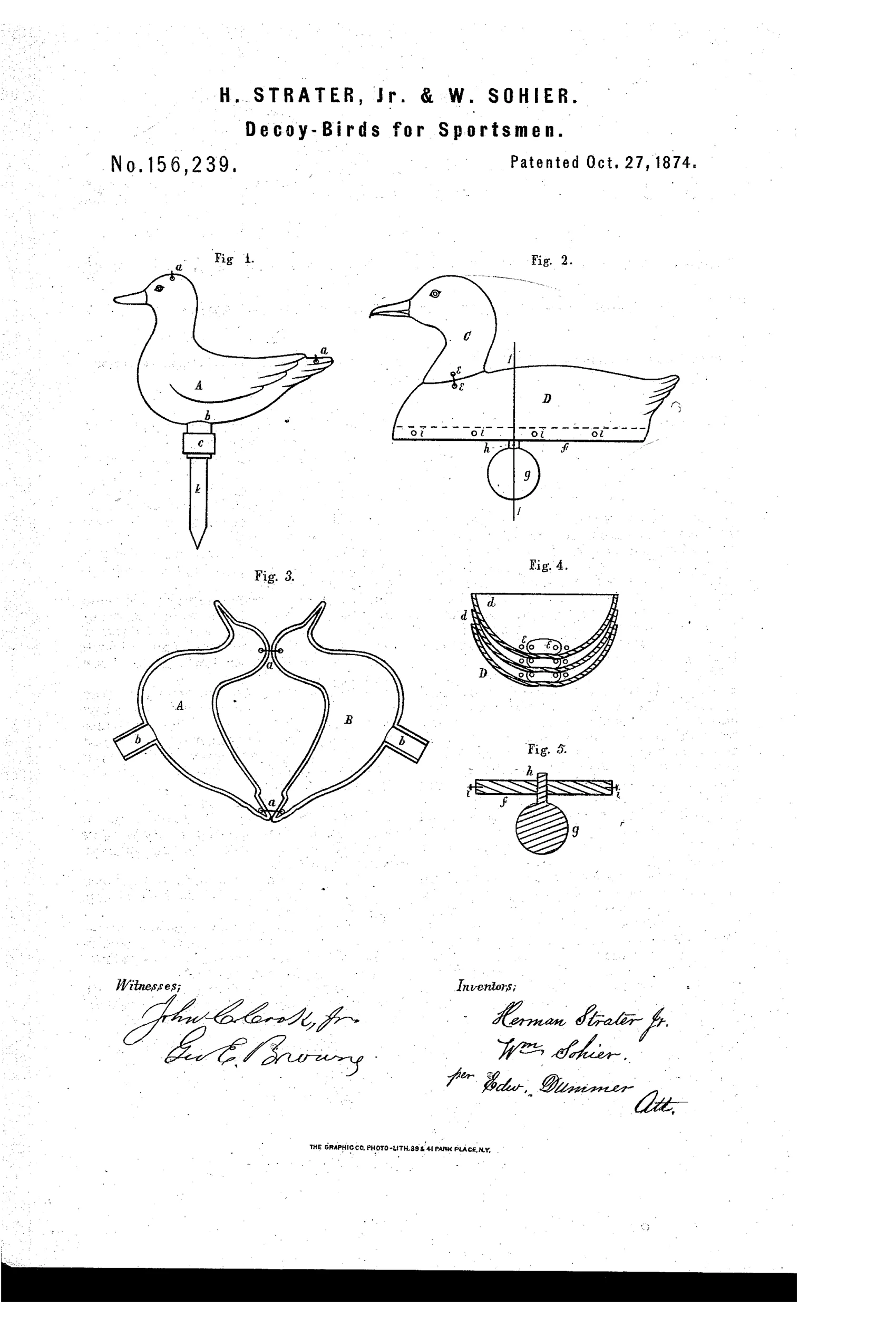 Patent drawing showing a duck-shaped decoy formed of two hinged metal halves on a ground stake, alongside a floating water-fowl decoy with a separable head and internal float-and-weight mechanism, plus detail views of the opened, nested, and sectioned parts.