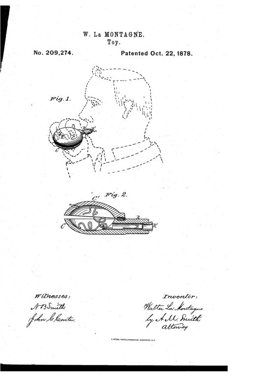 A patent drawing shows a person's head in dashed outline holding an oval clamshell-shaped toy with an attached tube to their mouth, and a second cutaway drawing reveals the internal reed, coiled spring, and hinged shell halves labeled with letters A, B, C, C', and D.
