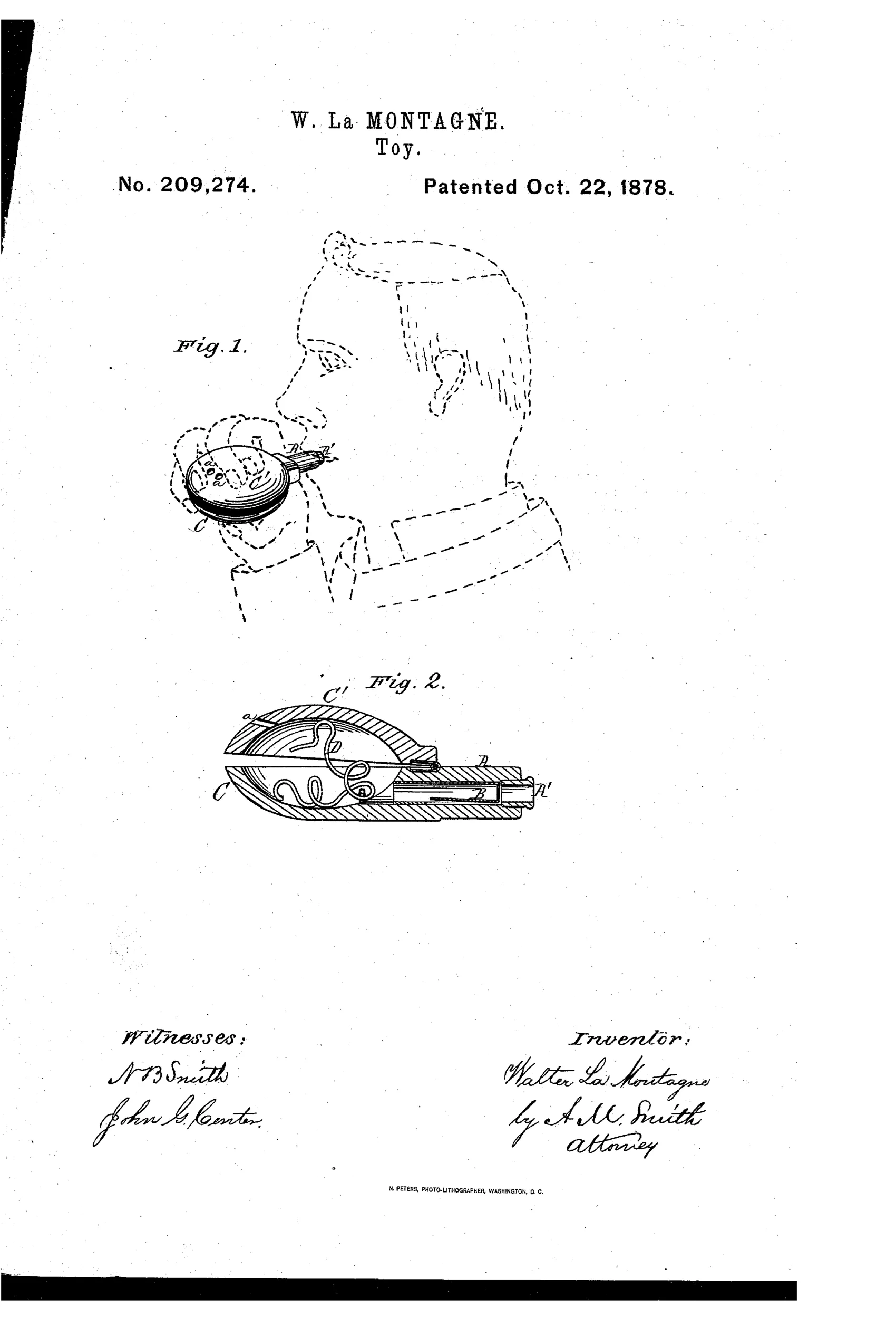 A patent drawing shows a person's head in dashed outline holding an oval clamshell-shaped toy with an attached tube to their mouth, and a second cutaway drawing reveals the internal reed, coiled spring, and hinged shell halves labeled with letters A, B, C, C', and D.
