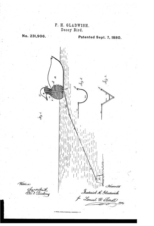 Patent drawing of a duck decoy in profile showing a separate movable head attached by an axial pin through the body, with a wire lever running down to an anchor weight, alongside two smaller diagrams of alternative spring-lever mechanisms labeled Fig. 2 and Fig. 3.