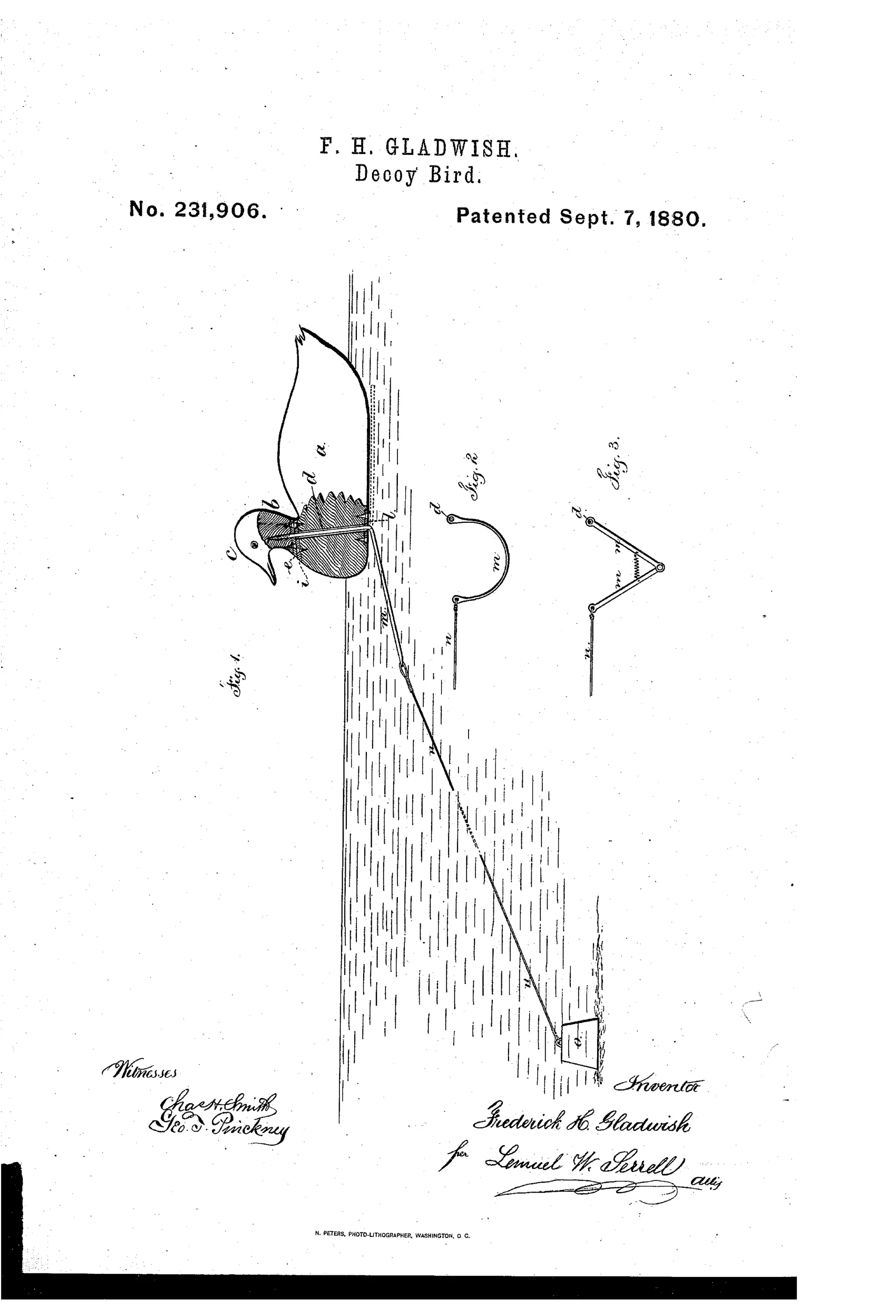 Patent drawing of a duck decoy in profile showing a separate movable head attached by an axial pin through the body, with a wire lever running down to an anchor weight, alongside two smaller diagrams of alternative spring-lever mechanisms labeled Fig. 2 and Fig. 3.