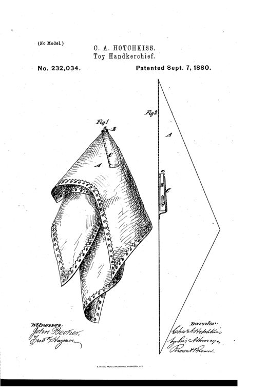 Patent drawing showing a folded handkerchief with a small trumpet-shaped mouthpiece device labeled A, B, C protruding from a pocket, alongside a cross-sectional diagram of the same device.
