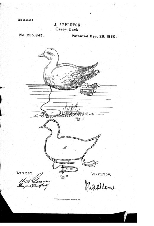 Two patent drawings of a rubber decoy duck: the upper figure shows the duck floating on water tethered by a cord to a small anchor bag resting among reeds, labeled with points A, B, C, and D; the lower figure is a cutaway side view of the same duck showing the internal body cavity A, underside pouch B, and anchor pocket D with cord and lugs.