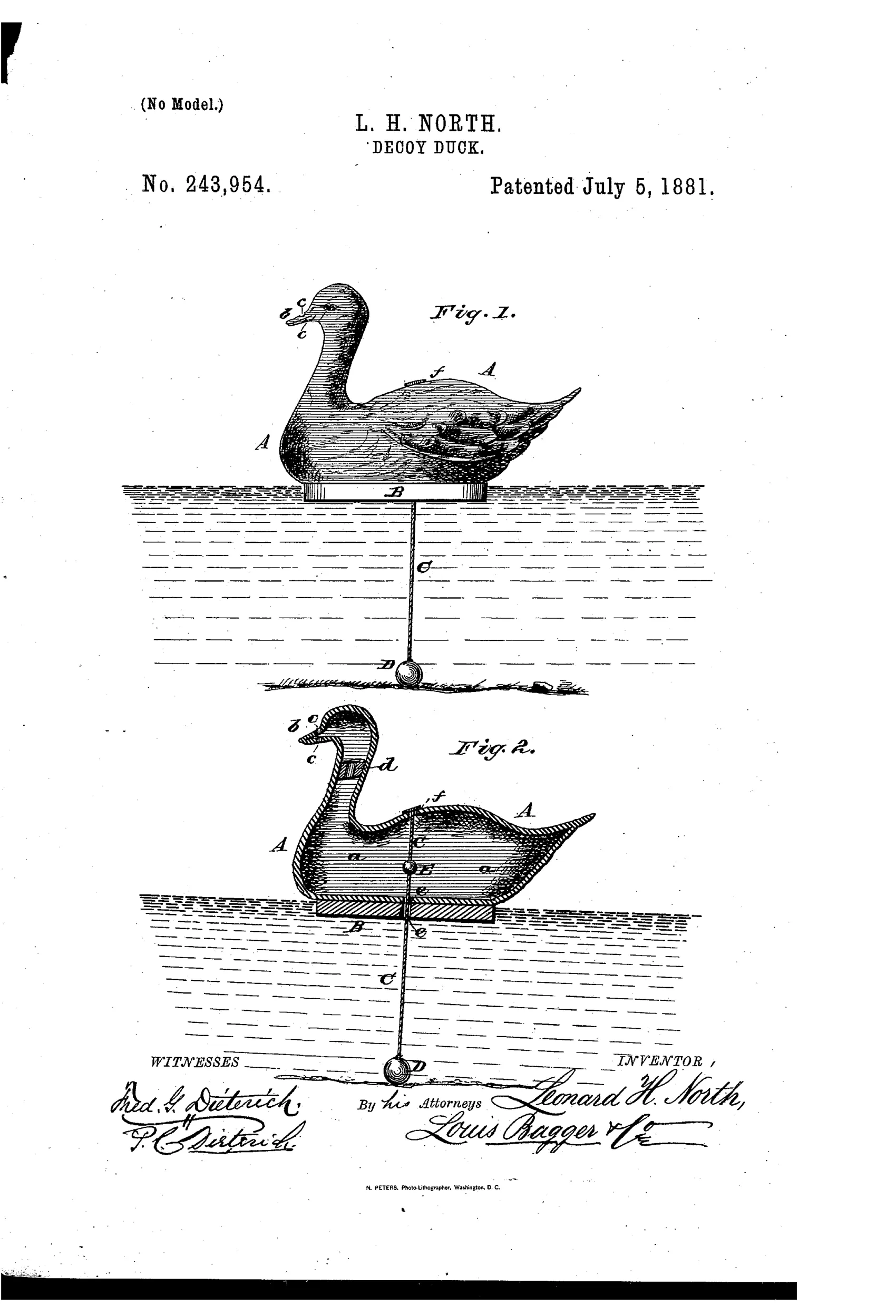 Two patent drawings of a hollow rubber duck decoy floating on water, labeled with internal parts including a reed call in the neck, an air chamber in the body, a cork float underneath, and a weighted anchor cord hanging down to the lake bottom.