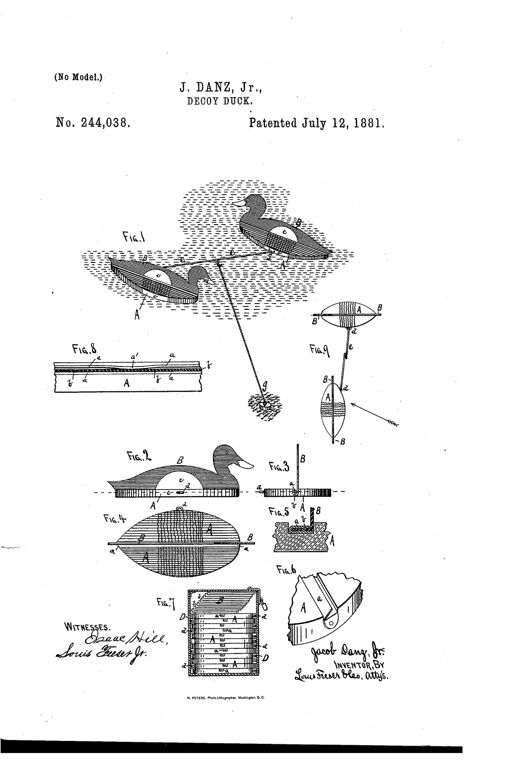Patent drawing showing a wooden duck-shaped float with a detachable sheet-metal duck profile inserted into a grooved channel, along with cross-sections of the joint, an anchoring rod system connecting two decoys, and a storage box with multiple decoys packed flat.