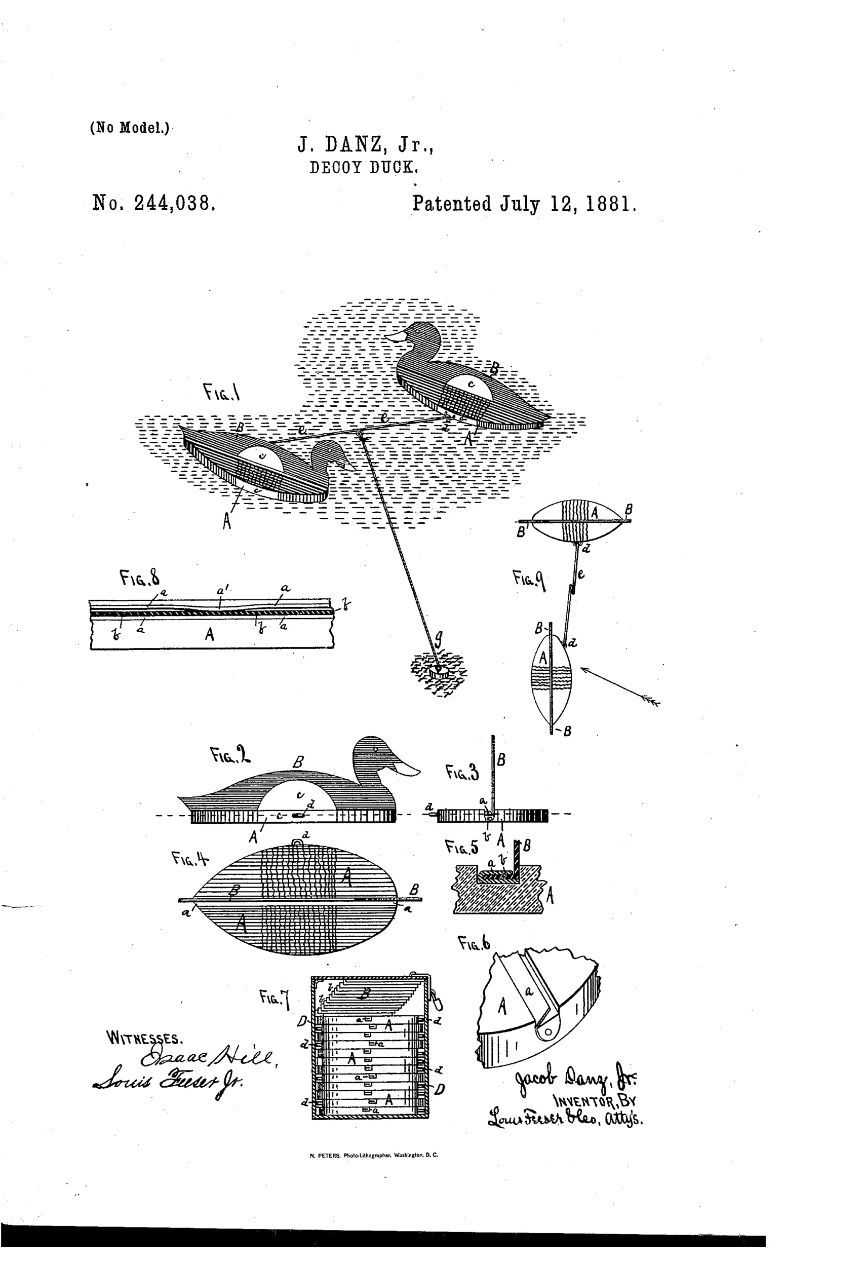 Patent drawing showing a wooden duck-shaped float with a detachable sheet-metal duck profile inserted into a grooved channel, along with cross-sections of the joint, an anchoring rod system connecting two decoys, and a storage box with multiple decoys packed flat.