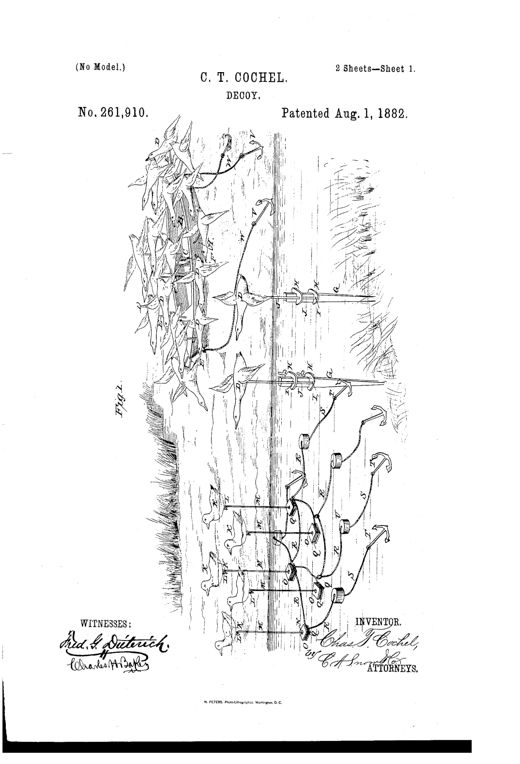 Patent drawing of a wooden boat with a hidden gunner's seat and bell-crank levers that raise mounted flying duck decoys overhead, surrounded by staff-mounted decoys on stakes and floating decoys connected by weighted anchor lines in the water.