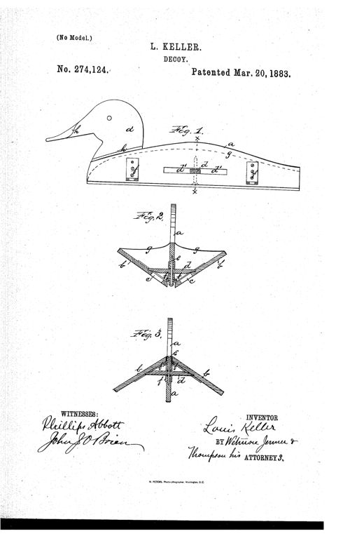 Patent drawing of a duck decoy showing a carved head and body profile, two hinged side pieces that fold outward and lock via a rotating button, and cross-sectional views of the folding mechanism.