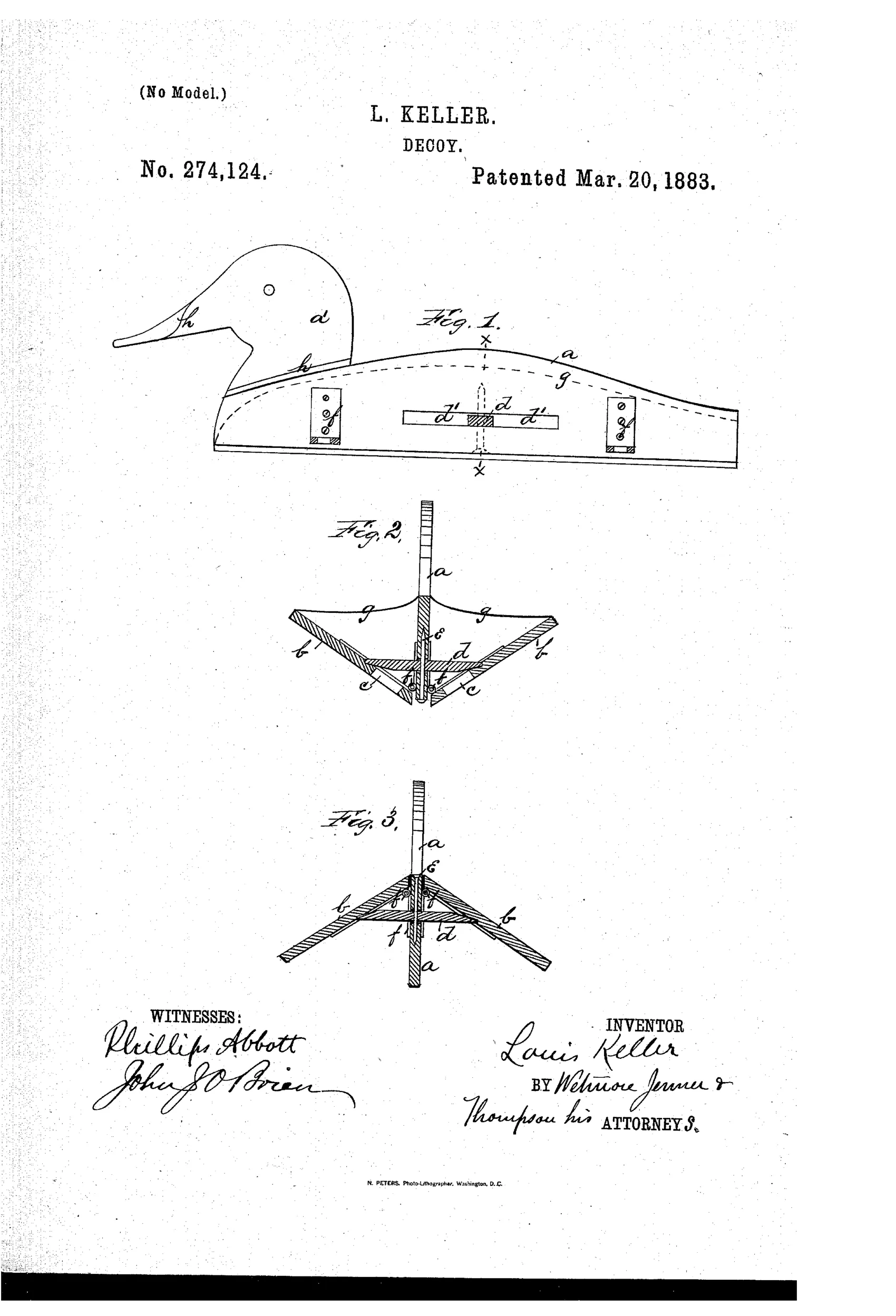 Patent drawing of a duck decoy showing a carved head and body profile, two hinged side pieces that fold outward and lock via a rotating button, and cross-sectional views of the folding mechanism.
