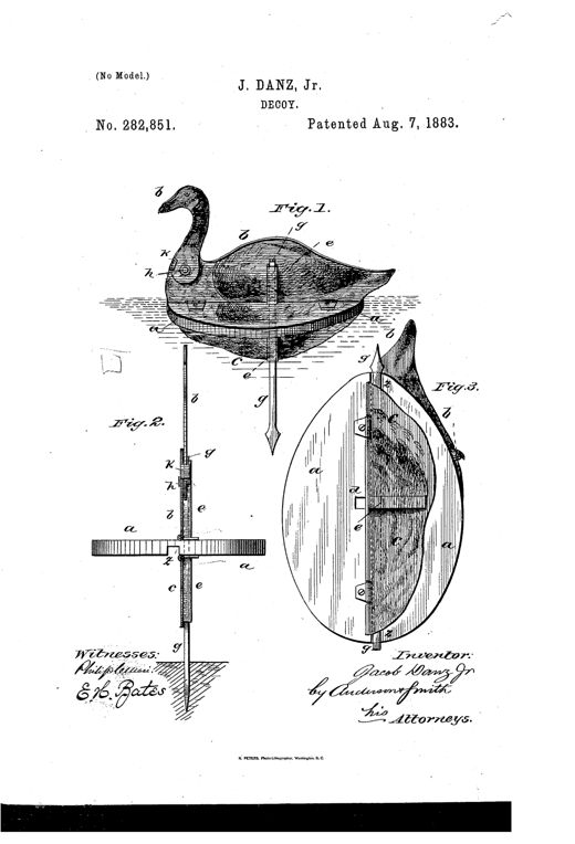 Patent drawing of a goose-shaped floating decoy with a hinged head and neck, shown assembled in Figure 1, in folded edge view with a metal stake in Figure 2, and in a bottom view with the profile folded flat in Figure 3.