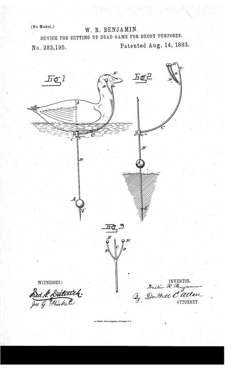 Patent drawing of a mounted duck decoy showing a vertical support rod through the water with a weighted ball, a curved piercing rod through the bird's breast and head, and forked spring arms with ball tips positioned over the duck's eyes, alongside a separate land-fowl version staked into the ground and a detached view of the curved arm and spring clamps.