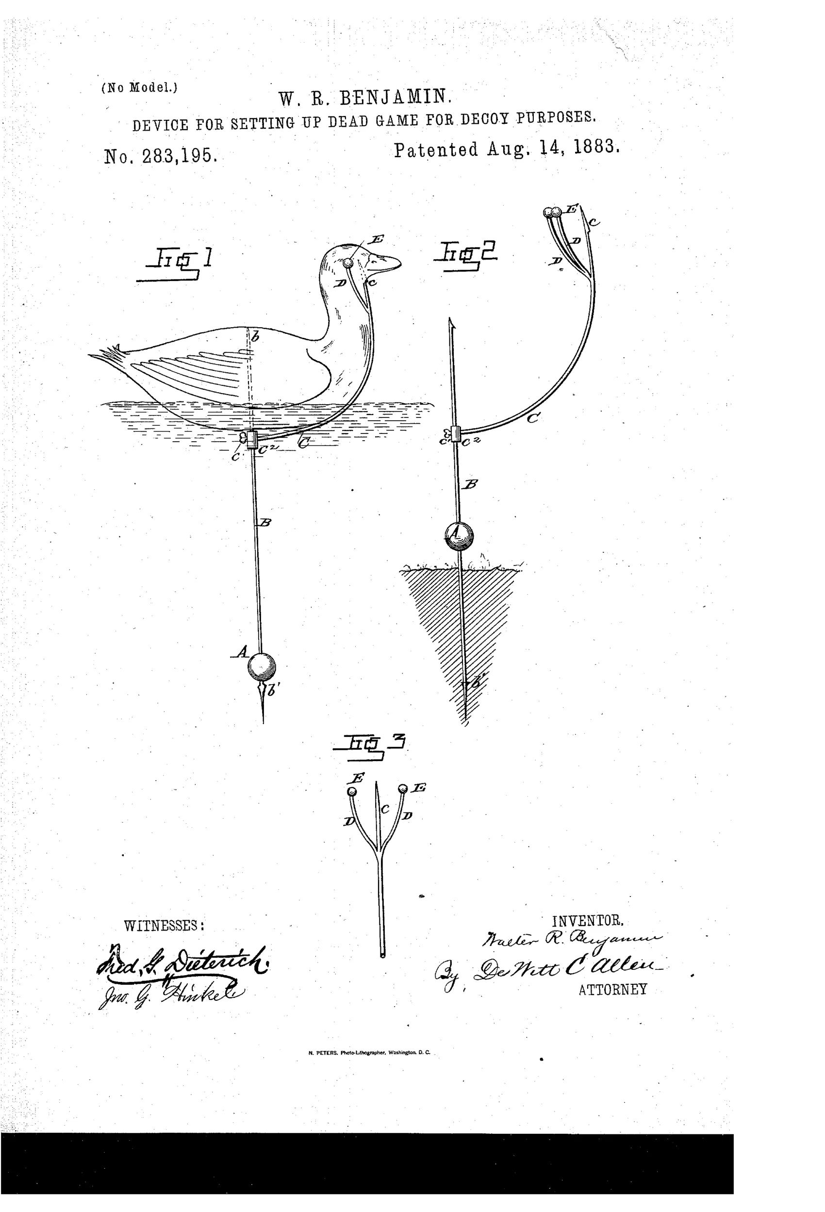 Patent drawing of a mounted duck decoy showing a vertical support rod through the water with a weighted ball, a curved piercing rod through the bird's breast and head, and forked spring arms with ball tips positioned over the duck's eyes, alongside a separate land-fowl version staked into the ground and a detached view of the curved arm and spring clamps.