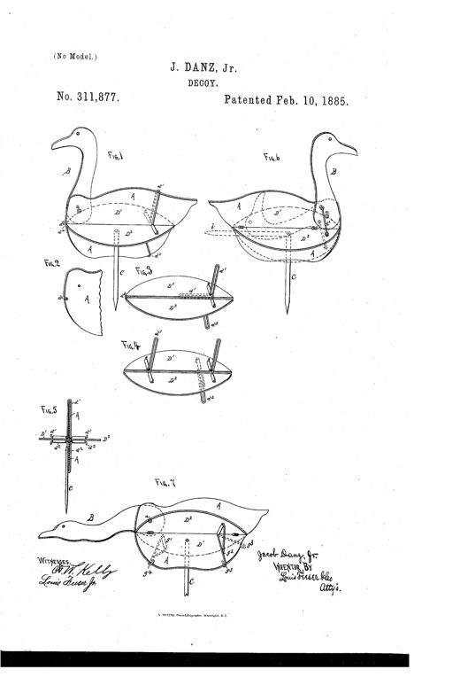 Patent drawing of a flat wooden goose decoy with a pivoting neck and head, removable side wing plates attached by wire loops, and a pointed folding stake beneath the body, shown in several perspective and detail views.