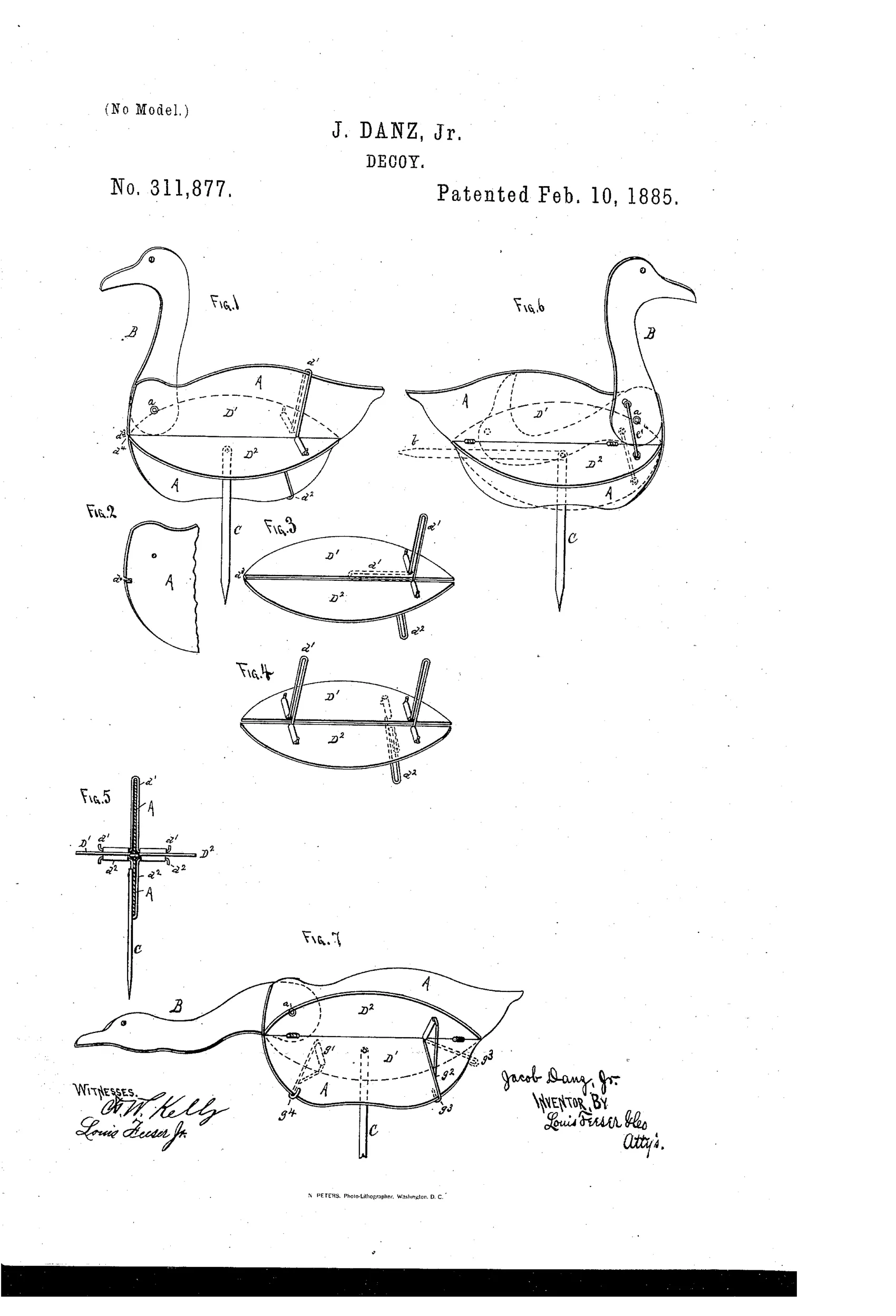 Patent drawing of a flat wooden goose decoy with a pivoting neck and head, removable side wing plates attached by wire loops, and a pointed folding stake beneath the body, shown in several perspective and detail views.