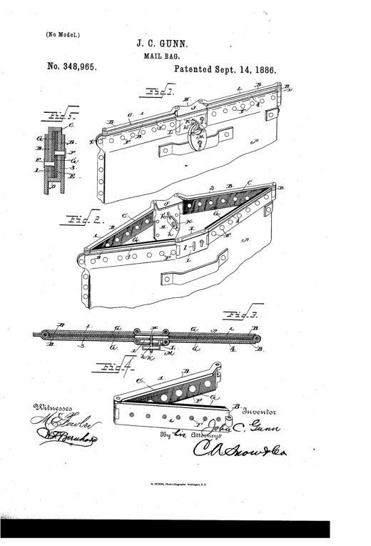 Patent drawing of a mail bag with hinged locking plates along its mouth, showing the bag closed with a padlock in Fig. 1, open with interlocking flanged plates in Fig. 2, a cross-section in Fig. 3, and enlarged hinge and lock details in Figs. 4 and 5.