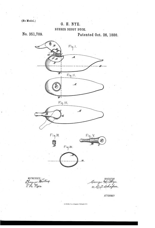 Patent drawing of a rubber decoy duck showing an elevation view with a cutaway neck and body, a top plan view of the body without the neck, a complete assembled top view, a cross-section, and detail views of the head, neck, and connecting tube.