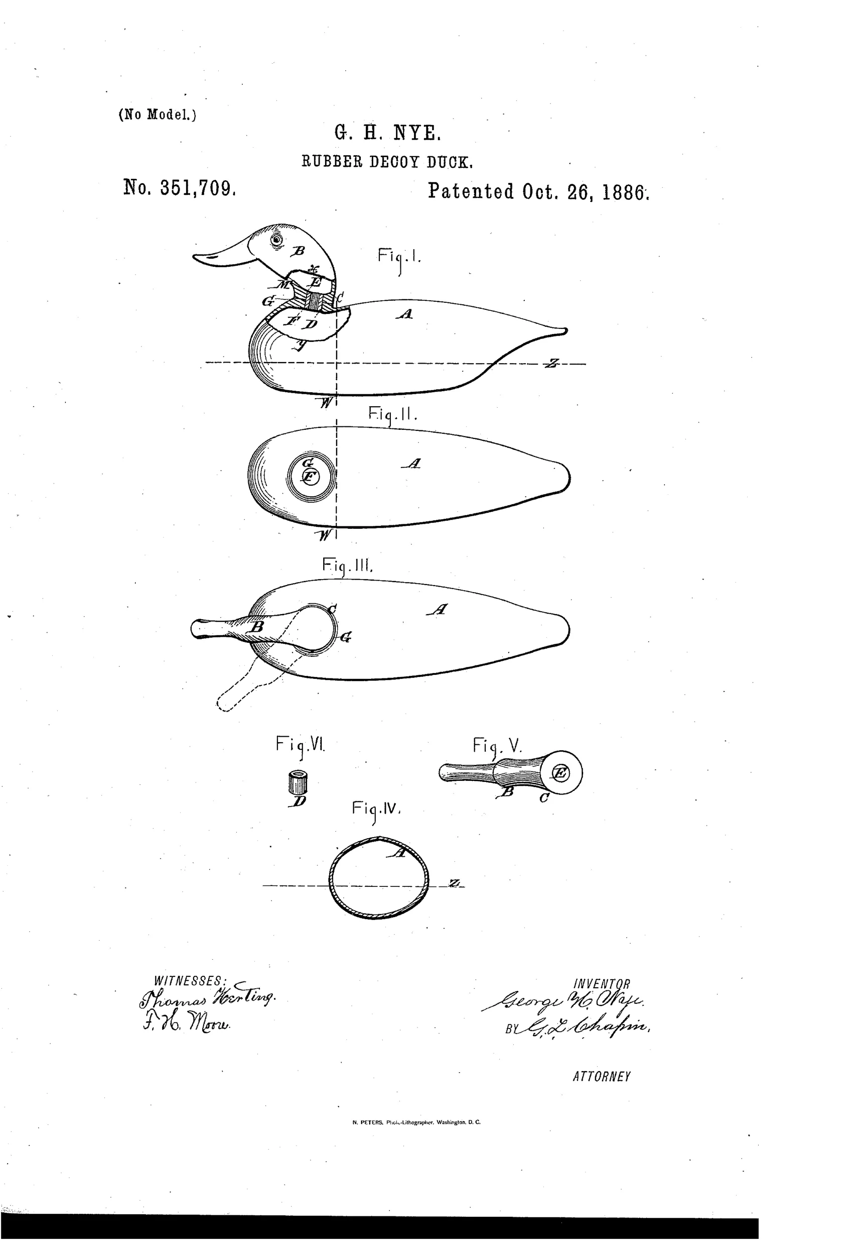 Patent drawing of a rubber decoy duck showing an elevation view with a cutaway neck and body, a top plan view of the body without the neck, a complete assembled top view, a cross-section, and detail views of the head, neck, and connecting tube.