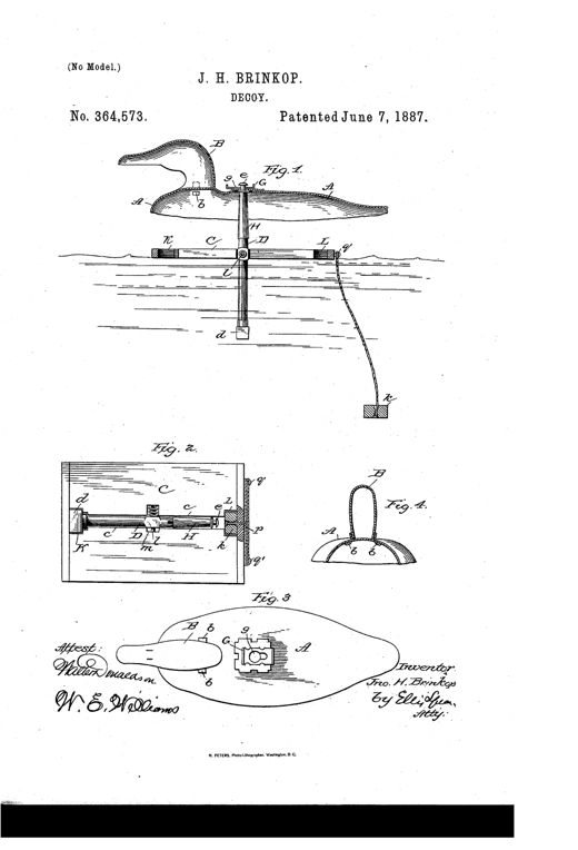 Patent drawing of a duck decoy showing a hollow body and head atop a vertical standard connected to a slotted floating board, with an anchor line and weight hanging below in water.