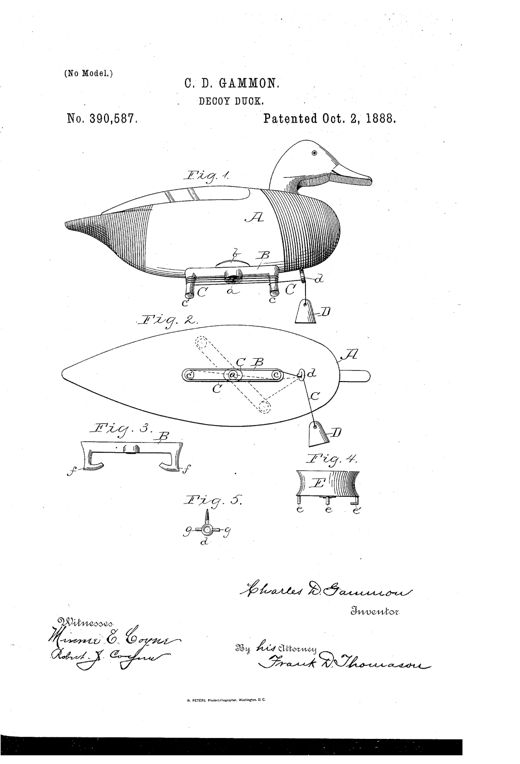Patent drawing of a wooden decoy duck shown in profile with a small reel mechanism mounted under its belly, plus underside and detail views of the reel, cord, and weight.