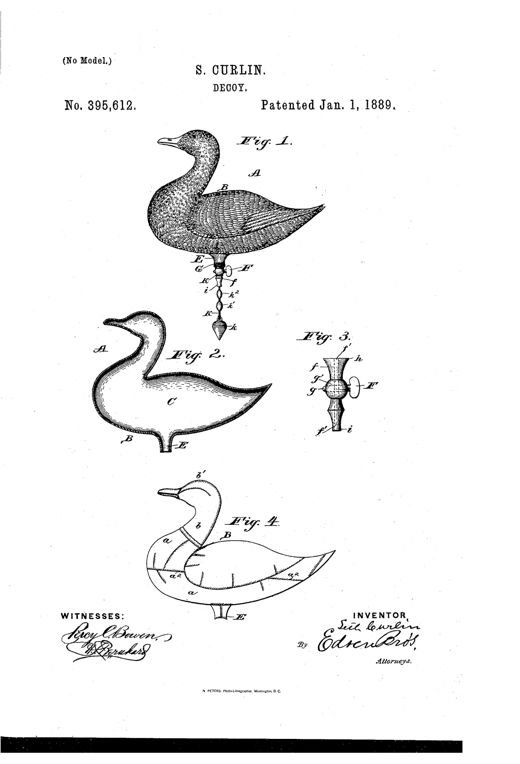 Patent drawing of a duck-shaped decoy with labeled body parts, an air valve and mouthpiece hanging beneath it on a line with an anchor weight, plus a cross-sectional view and a canvas construction diagram showing sewn seams.