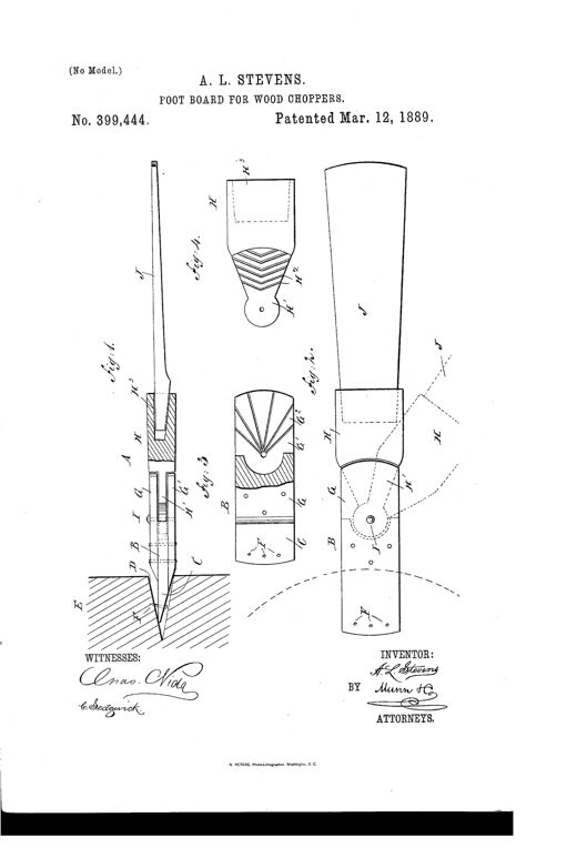 Patent drawing showing a long angled board wedged into a tree notch, connected via a forked pivoting head with a roughened tongue-and-groove joint to an adjustable footboard arm, shown in side elevation, plan view, and detail of the pivot mechanism.
