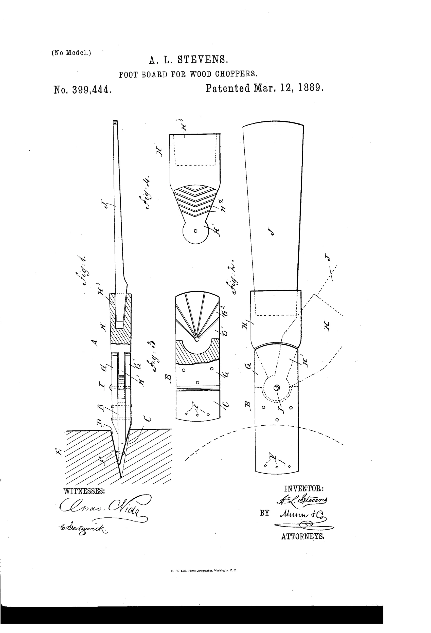 Patent drawing showing a long angled board wedged into a tree notch, connected via a forked pivoting head with a roughened tongue-and-groove joint to an adjustable footboard arm, shown in side elevation, plan view, and detail of the pivot mechanism.