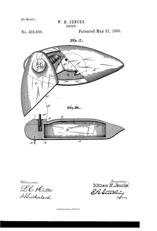 Patent drawing of a wooden duck decoy shown in top view with a hinged cover exposing an internal chamber and detachable head, and a side cross-section view showing the hollow storage compartment, anchor peg, and ring fastening.