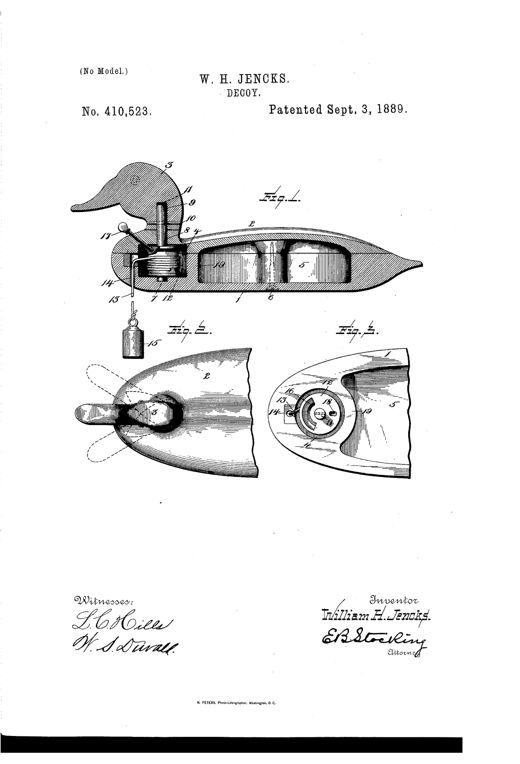 Patent drawing of a wooden decoy duck shown in cross-section, revealing an internal spool and spindle mechanism beneath the head that winds an anchor cord, with a separate anchor weight and top-down views of the head assembly.