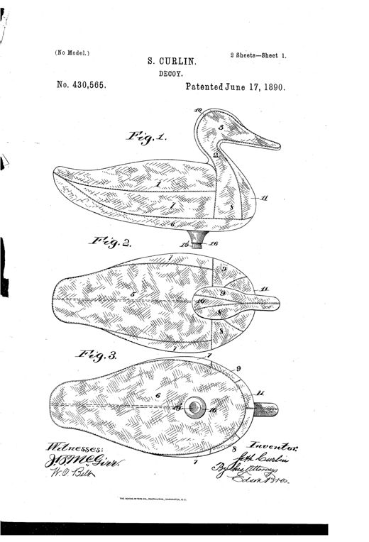 Patent drawing sheets showing a canvas duck decoy in side, top, and bottom views with internal seams, an air valve nozzle, and a sectional diagram revealing an internal brace and liquid-filled cavity.