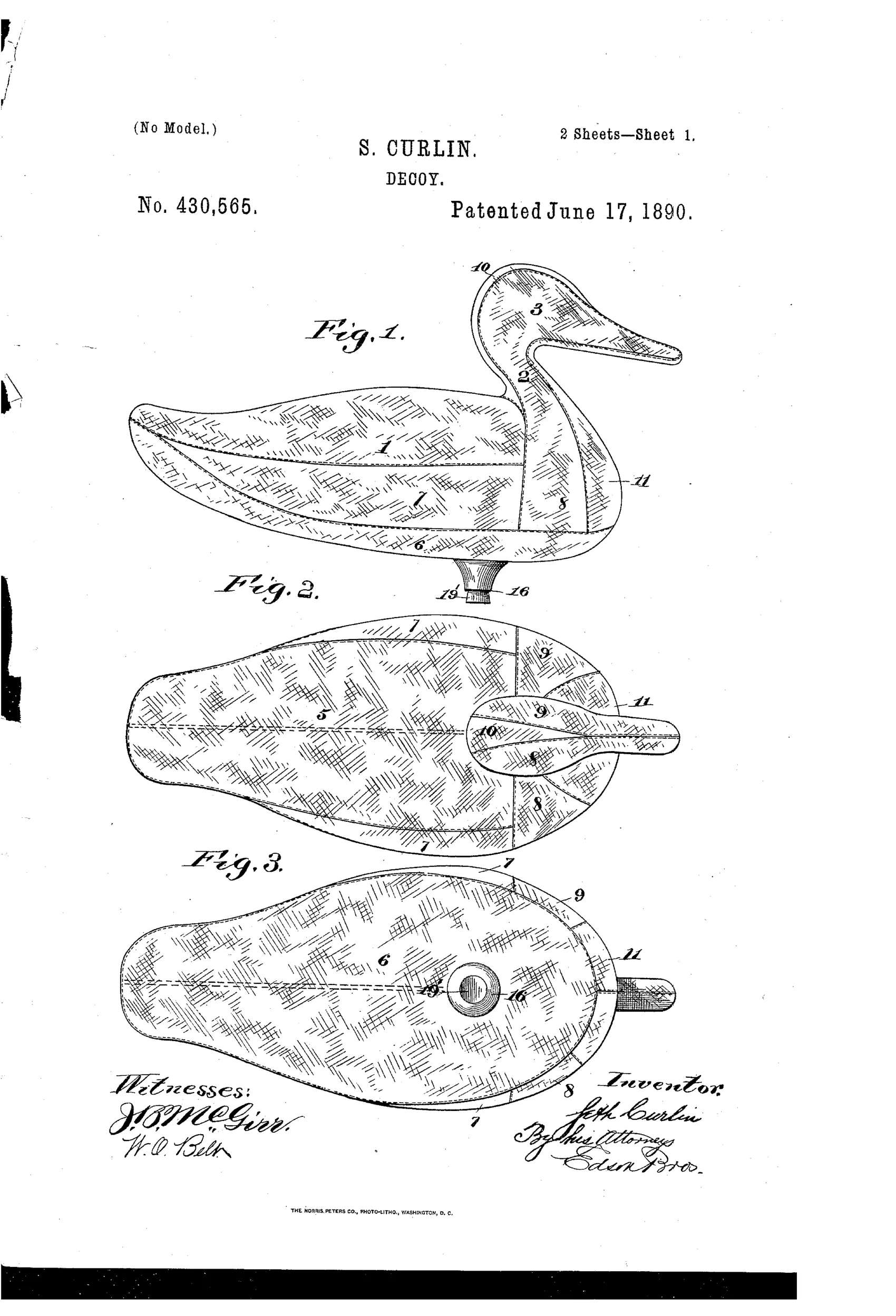 Patent drawing sheets showing a canvas duck decoy in side, top, and bottom views with internal seams, an air valve nozzle, and a sectional diagram revealing an internal brace and liquid-filled cavity.