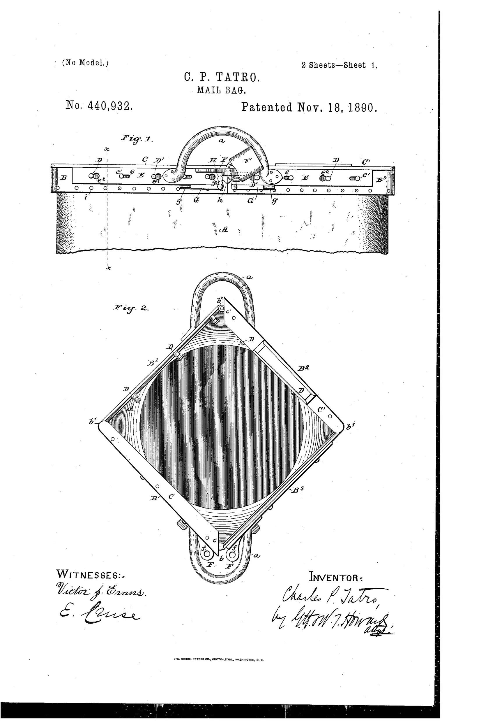 Patent drawing of a diamond-shaped mail bag frame with hinged metal side plates, an arched carrying handle, and detail views of locking plates, crank-levers, and pin fasteners used to seal the bag.