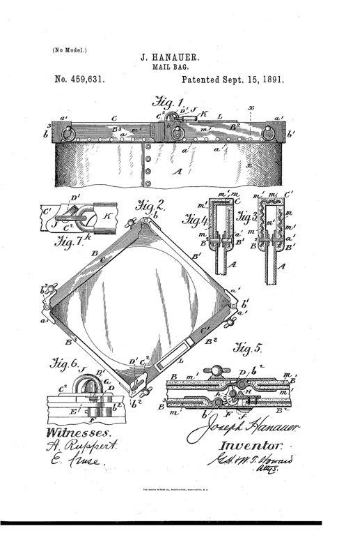 Patent drawing of a mail bag frame showing hinged rubber-covered metal side plates forming a square opening, with detail insets of the spring-loaded hook lock, thumb-piece, and padlock staple mechanism.