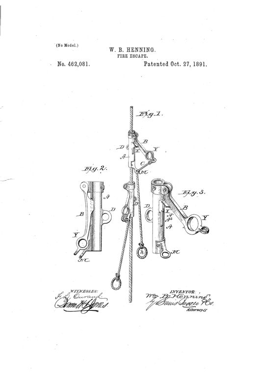Patent drawing showing a vertical rope threaded through two metal sleeves, each fitted with a pivoted gripping lever and hand-hold, used for climbing up or down during a fire escape.