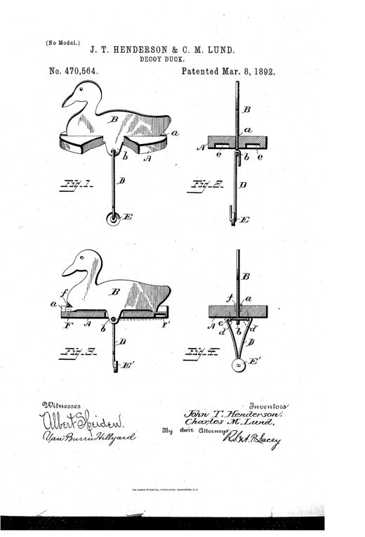 Patent drawing showing a flat metal duck-shaped profile mounted on a wooden float with a hooked weighted wire hanging beneath, shown in four figures illustrating assembly and a modified hook version.