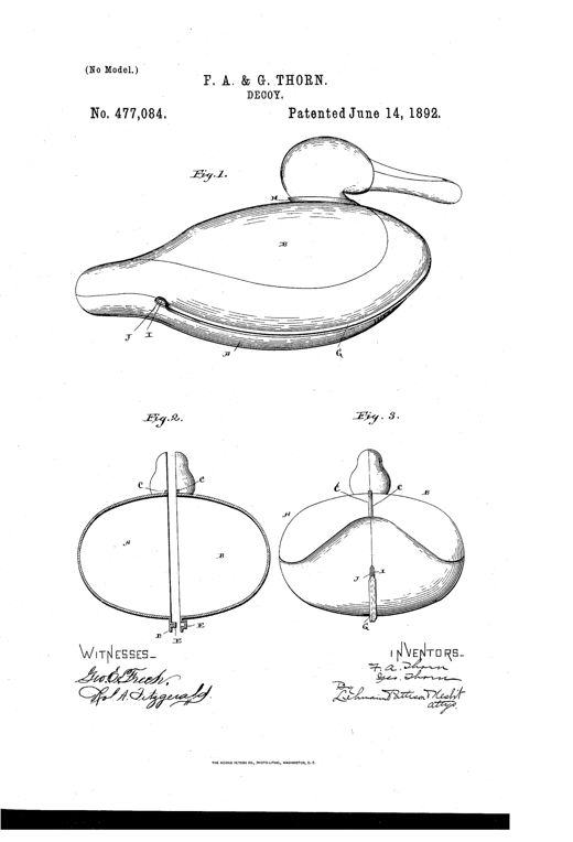 Patent drawing of a duck-shaped tin decoy shown in three views: a full assembled body with head and elastic band, a top sectional view of the two nesting pan halves, and a rear view showing the band looped over flanges.