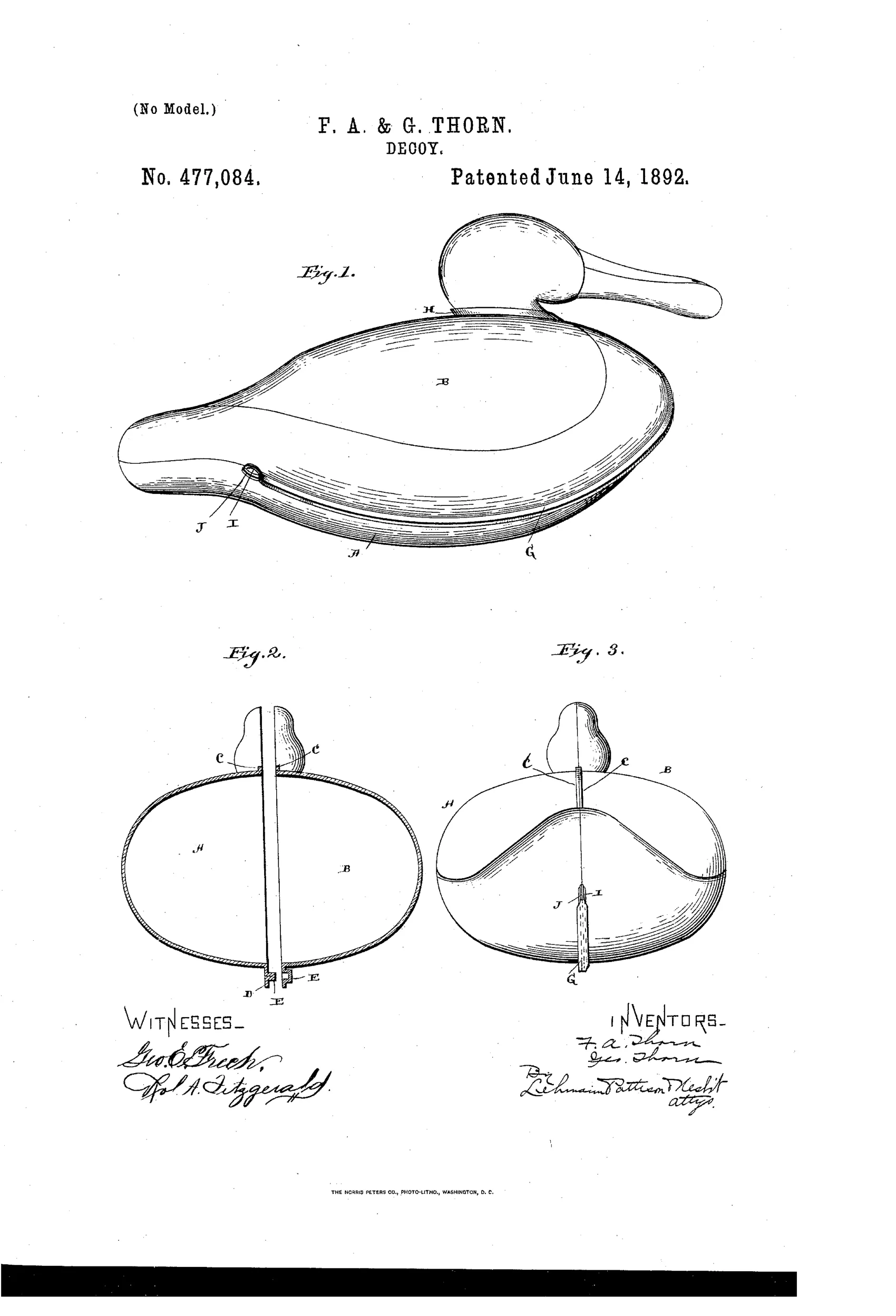 Patent drawing of a duck-shaped tin decoy shown in three views: a full assembled body with head and elastic band, a top sectional view of the two nesting pan halves, and a rear view showing the band looped over flanges.