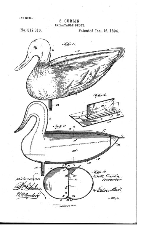 Patent drawing of a fabric duck decoy shown in side profile with labeled head, body, and inflating tube, plus cutaway sectional views revealing an internal vertical stay and reinforcement patches stitched inside the top and bottom of the body.