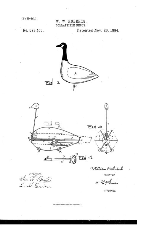 Patent drawing of a folding goose decoy showing the finished fabric-covered bird in profile above a diagram of its collapsible wire-rib skeleton frame with adjustable sliding disk, neck rod, and folding leg bar.