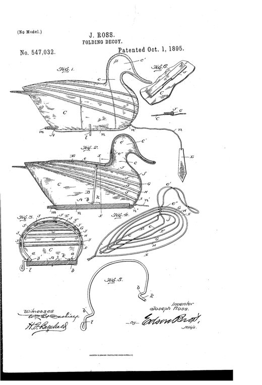 Patent drawing of a folding fabric duck decoy showing the assembled bird with a curved neck and head, an internal wire bracing structure, a bottom float board with a pivoting bail-like adjuster and crank handle, and detail views of the wire sheath and bail mechanism.