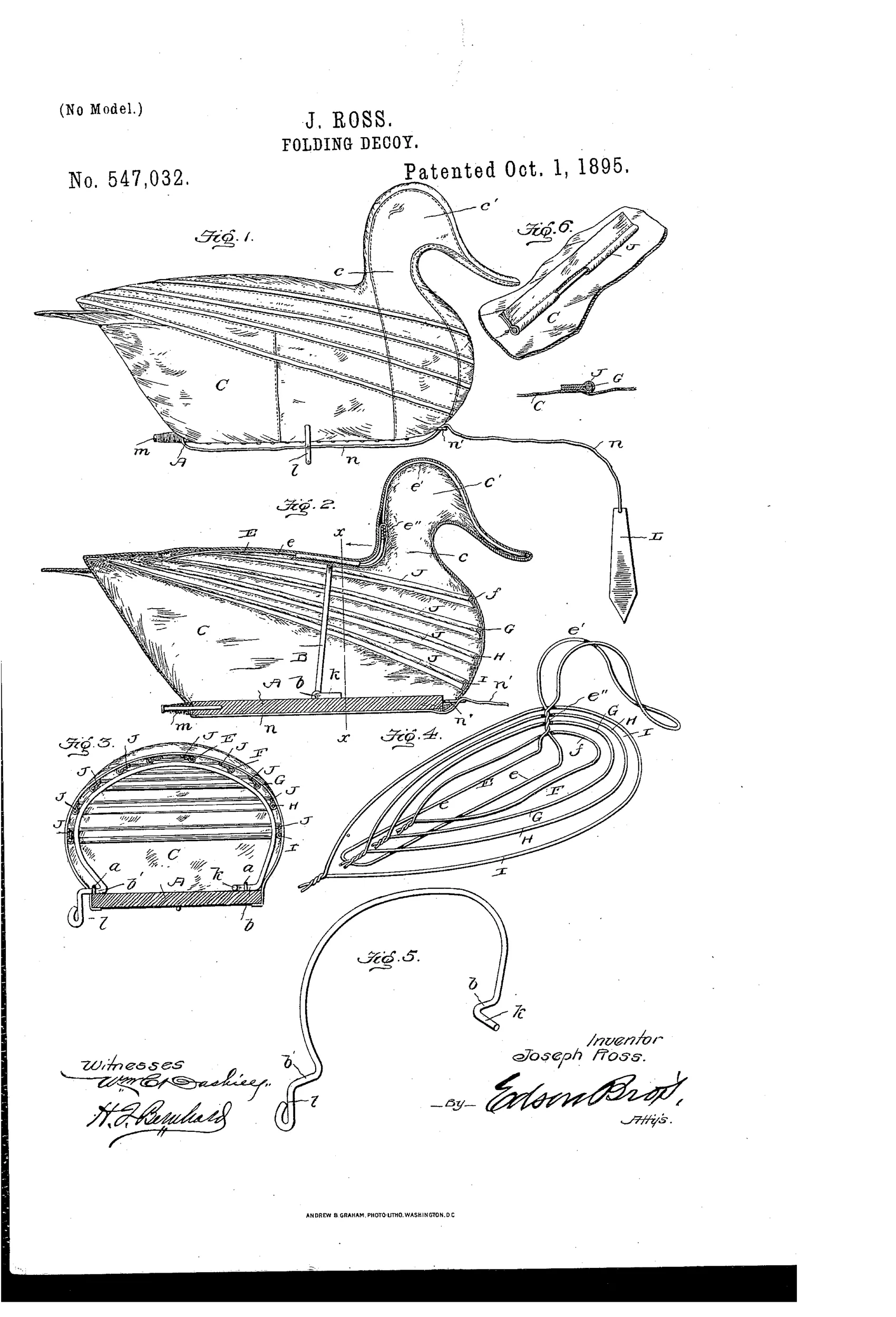 Patent drawing of a folding fabric duck decoy showing the assembled bird with a curved neck and head, an internal wire bracing structure, a bottom float board with a pivoting bail-like adjuster and crank handle, and detail views of the wire sheath and bail mechanism.