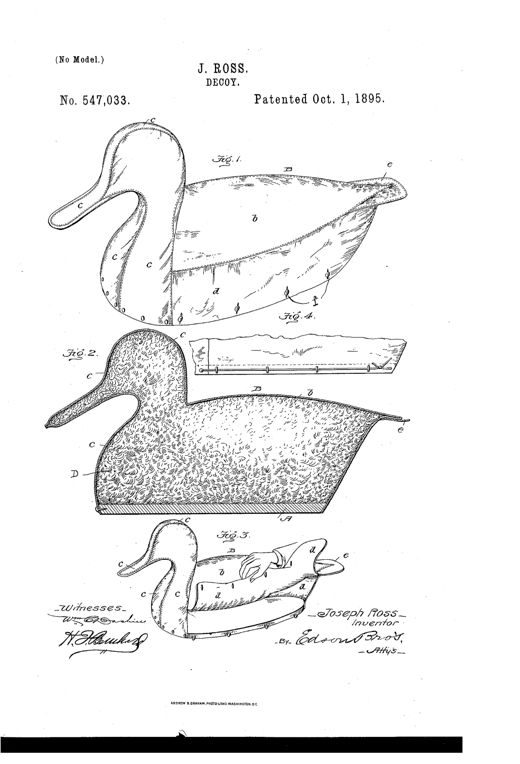 Patent drawing of a duck-shaped decoy showing a wooden float base, a sewn fabric body with head, neck, breast, side, and tail pieces, and a detail view of a hand tucking filling material into an opened side flap.