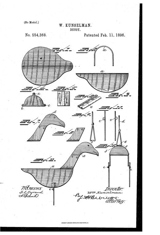 Patent drawing sheet showing a sheet-metal goose decoy body, its flat blank pattern, a detachable curved head and neck, strengthening plate with lugs, leg-attachment plates, and bent wire legs with loops, culminating in a full side view of the assembled goose decoy on its legs.