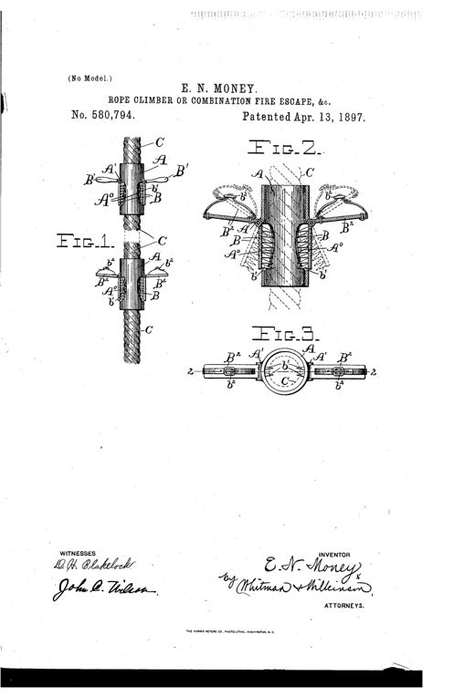 Patent drawing showing a rope with a cylindrical casing at two points, each fitted with pivoted toothed jaws bearing hand-grips or foot-rest straps, plus a top-view section of the foot device.