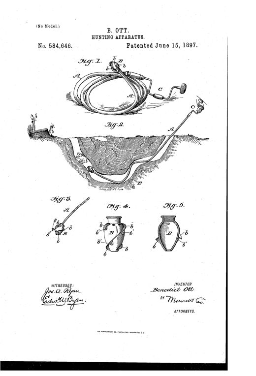 Patent drawing showing a coiled flexible tubing cable with a bulbous rotary tip and a brace-style crank handle, illustrated both coiled for storage and inserted into an animal's underground burrow, with enlarged detail views of the terminal bulb and its spiral wings.