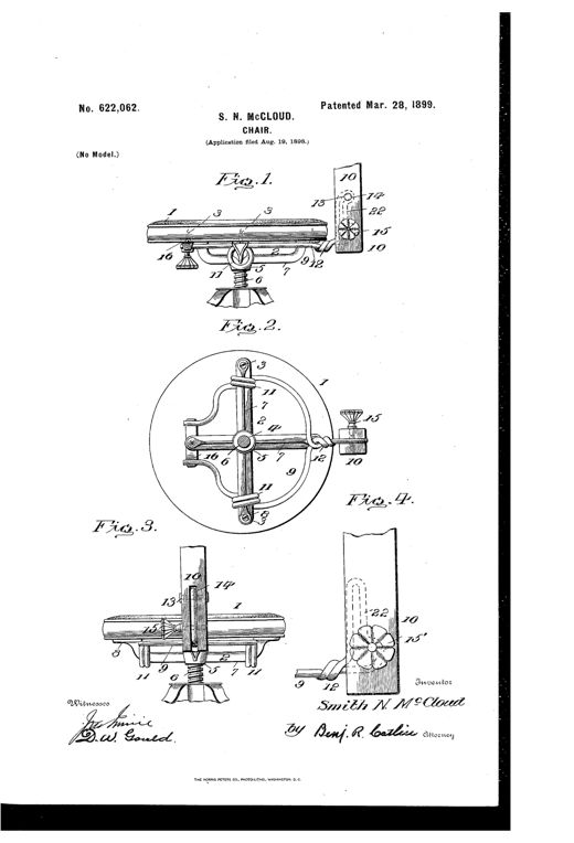 Patent drawing showing a chair seat with a cross-shaped spider-frame underneath, a coiled wire spring connecting the seat to a forked wooden back-standard, and detail views of the pivot bolt, set-screw, and flower-shaped washer used to adjust tilt tension.